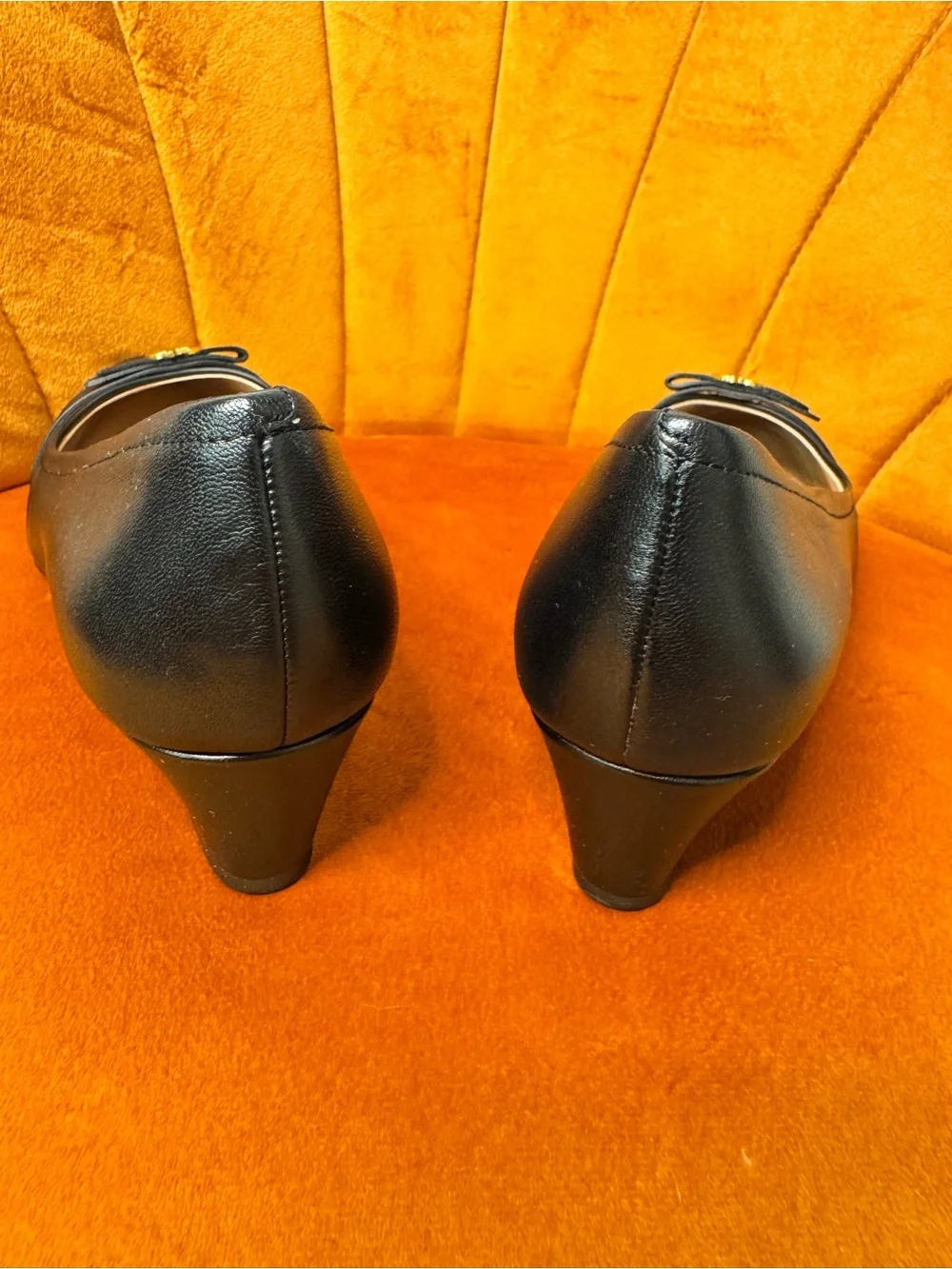 New Cole Haan Malta Bow  Black Wedge Pump with Gold Accent